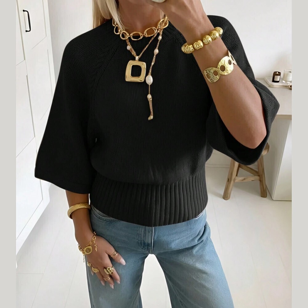 Black Ribbed Knit Batwing Sleeve Cropped Sweater